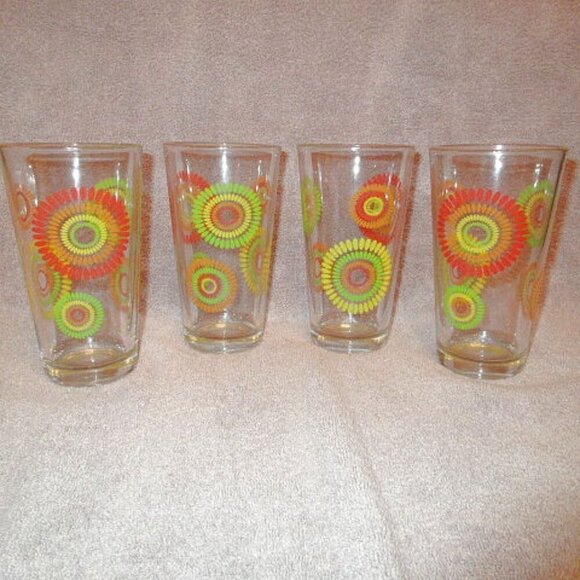 VTG Set of 4 PASABAHCE Glasses 16oz Ice Tea Heavy 70s Flower Power Retro MCM - Picture 1 of 10